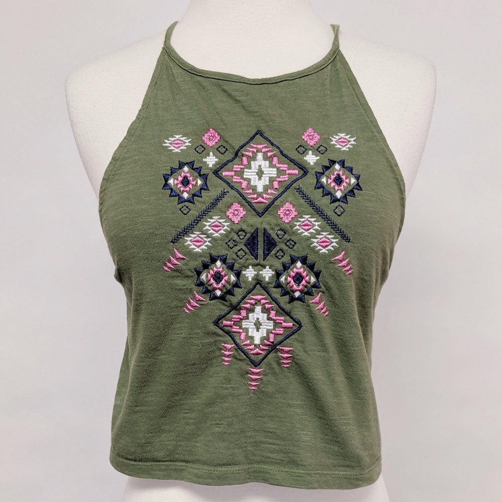 messy bun | green embroidered ruched back tank top